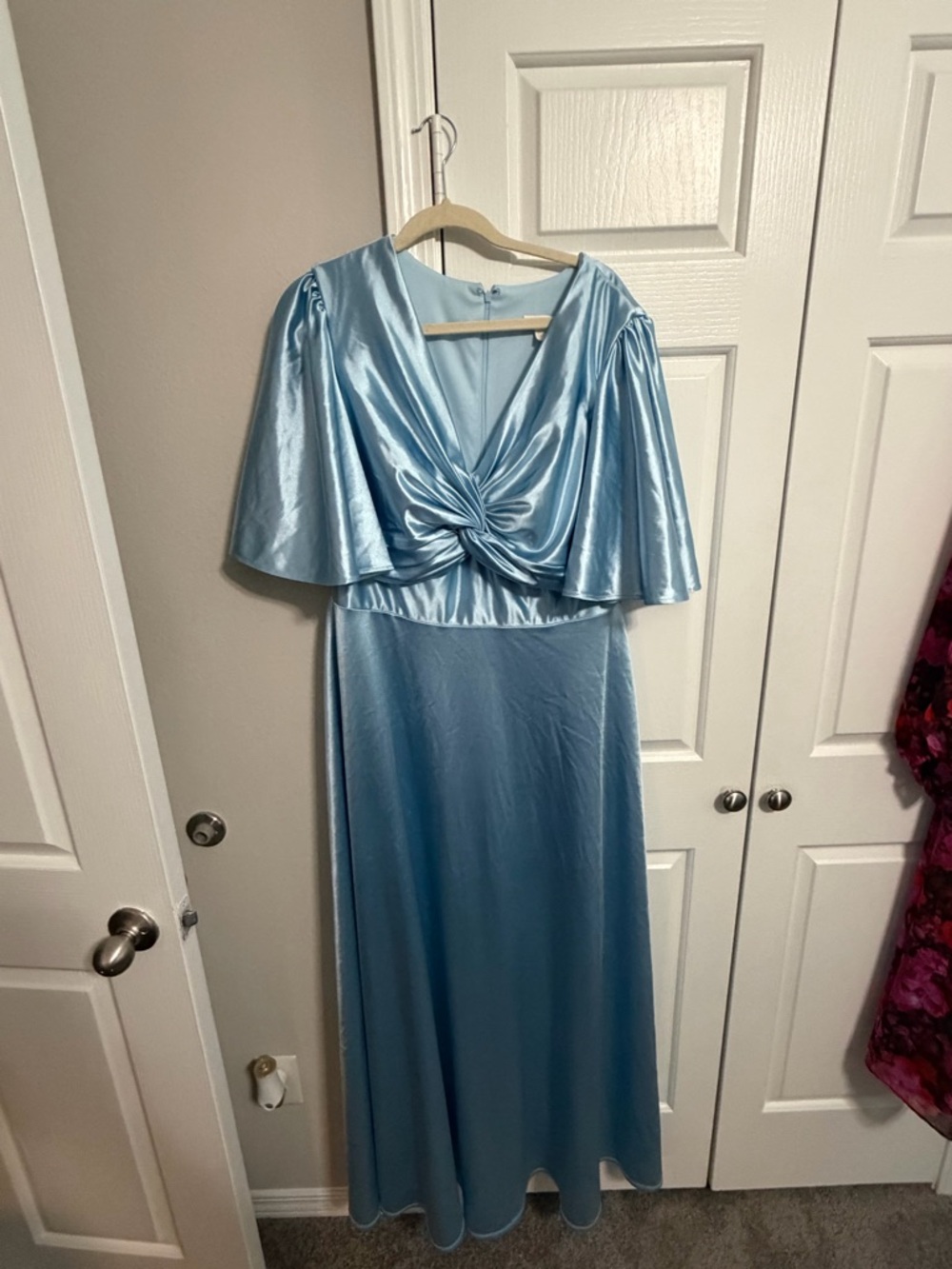 Satin Light Blue Knot-Front Maxi Dress with Cape Sleeves